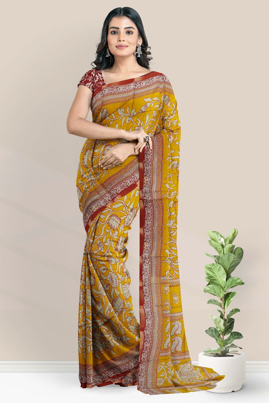 Soft Maheswari Silk Kalamkari Floral Print Mustard Yellow Saree