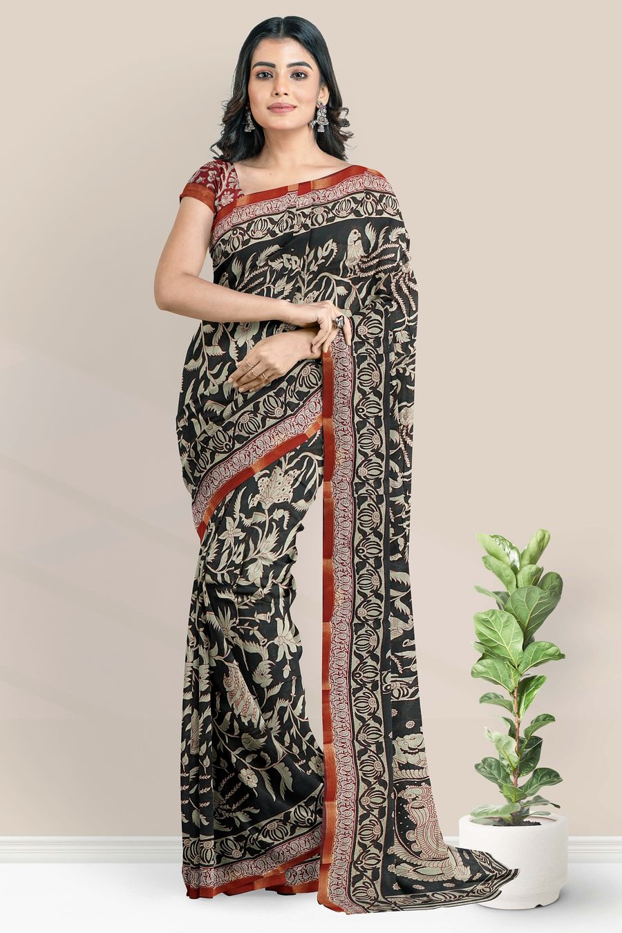 Soft Maheswari Silk Kalamkari Floral Print Black Saree