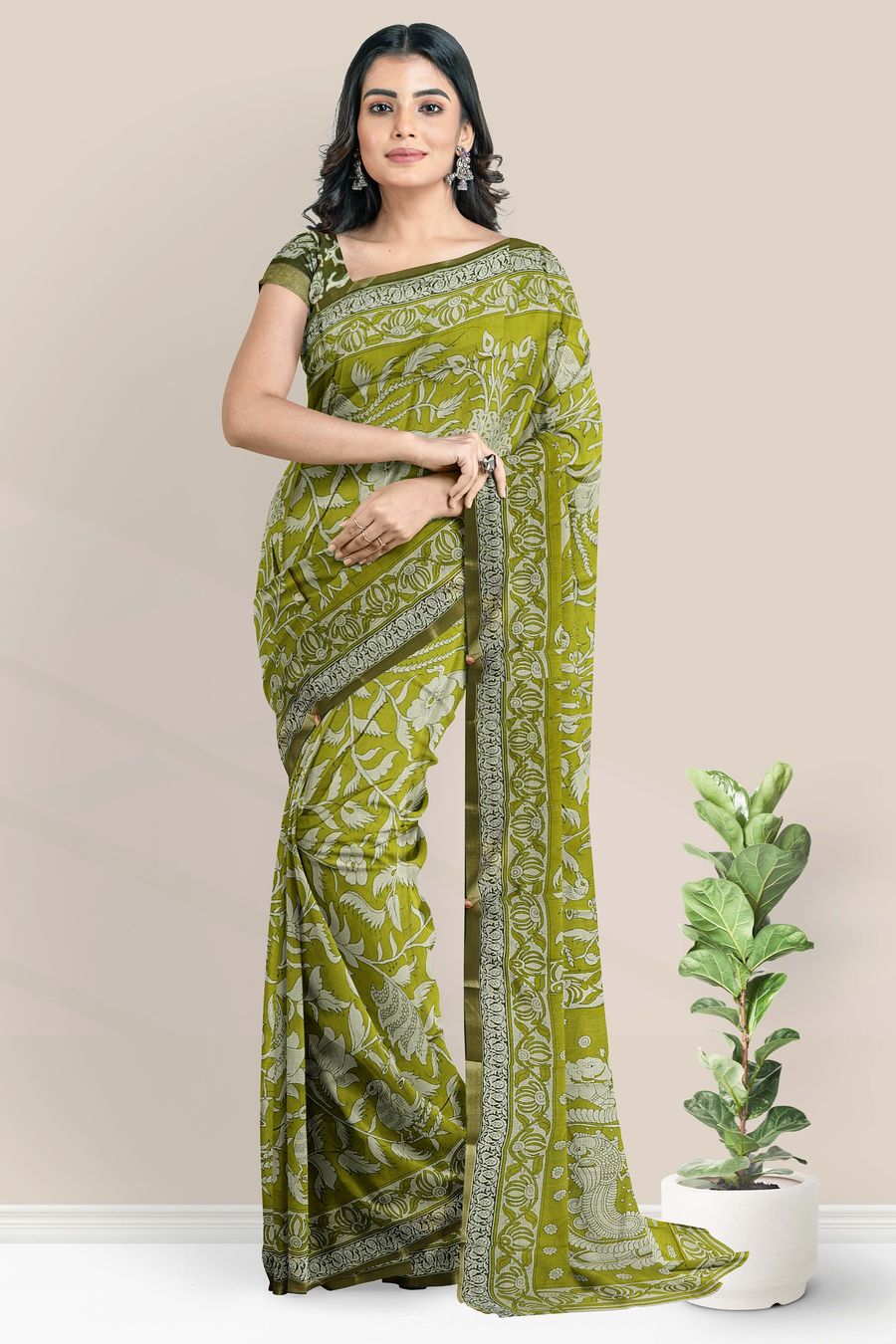 Soft Maheswari Silk Kalamkari Floral Print Mehandi Green Saree