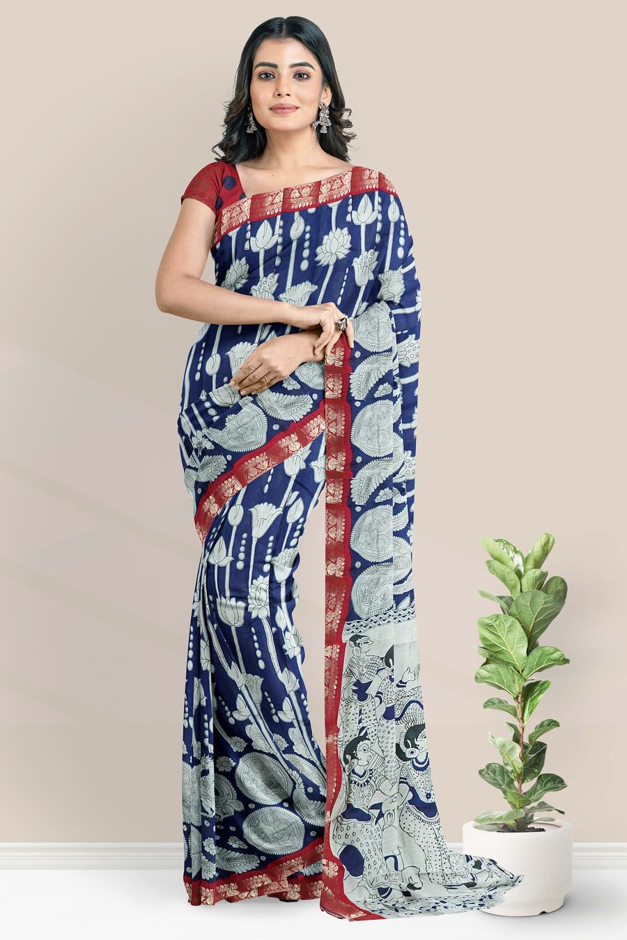 Soft Maheswari Silk Pichwai Digital Print Navy Blue With Maroon Saree