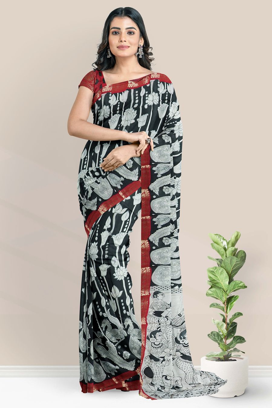 Soft Maheswari Silk Pichwai Digital Print Black Saree