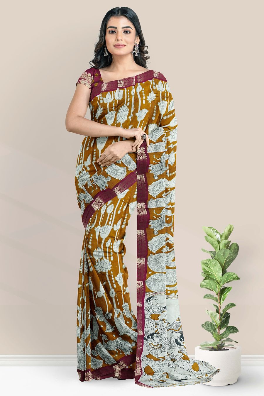 Soft Maheswari Silk Pichwai Digital Print Mustard Yellow Saree