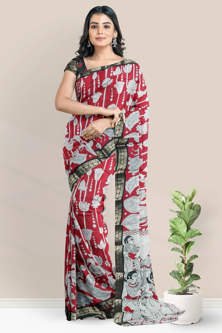 Soft Maheswari Silk Pichwai Digital Print Maroon Red Saree