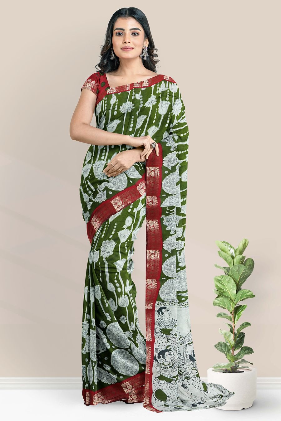 Soft Maheswari Silk Pichwai Digital Print Mehandi Green Saree