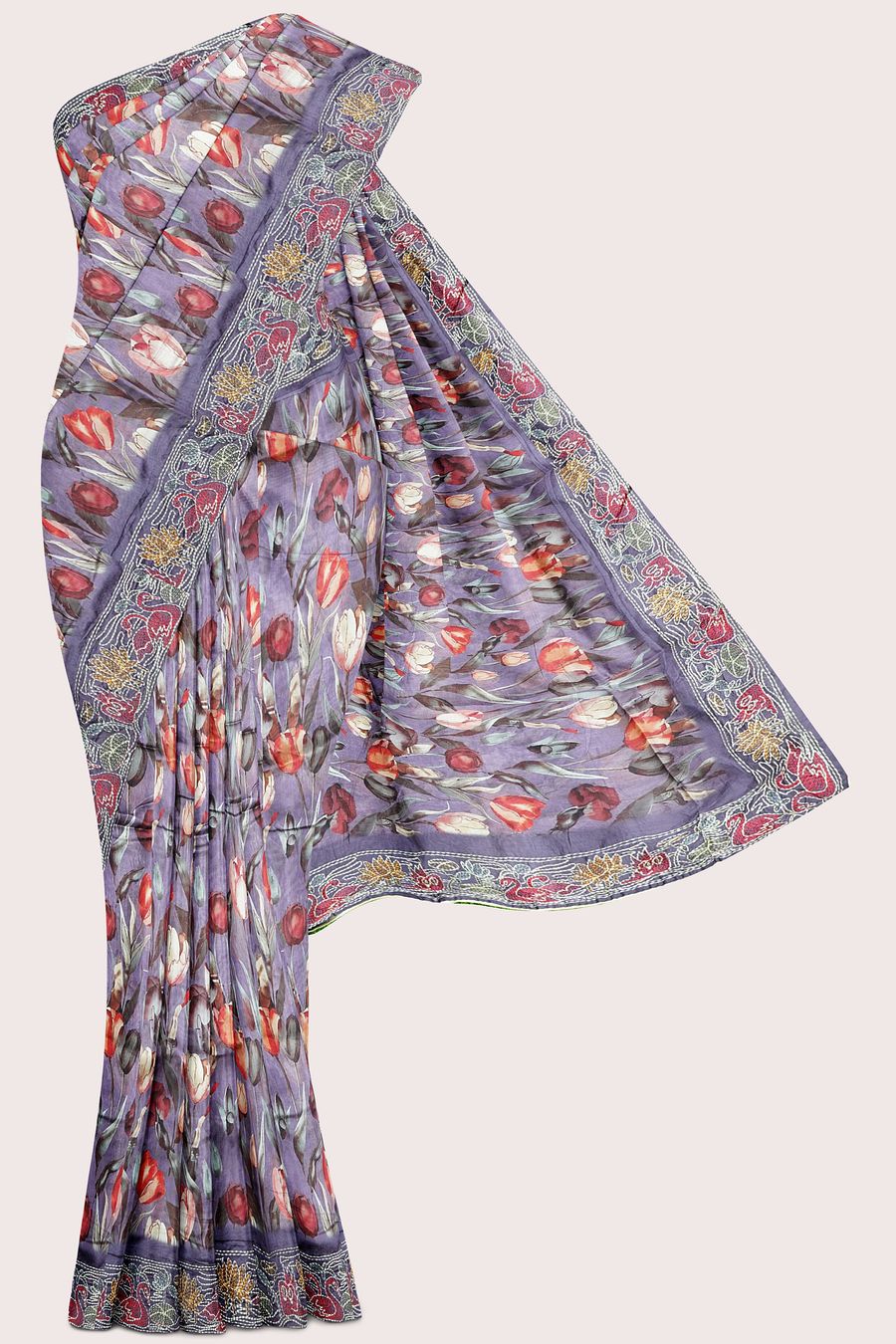 Linen Silk Matte Work Floral Digital Print Lavender Saree