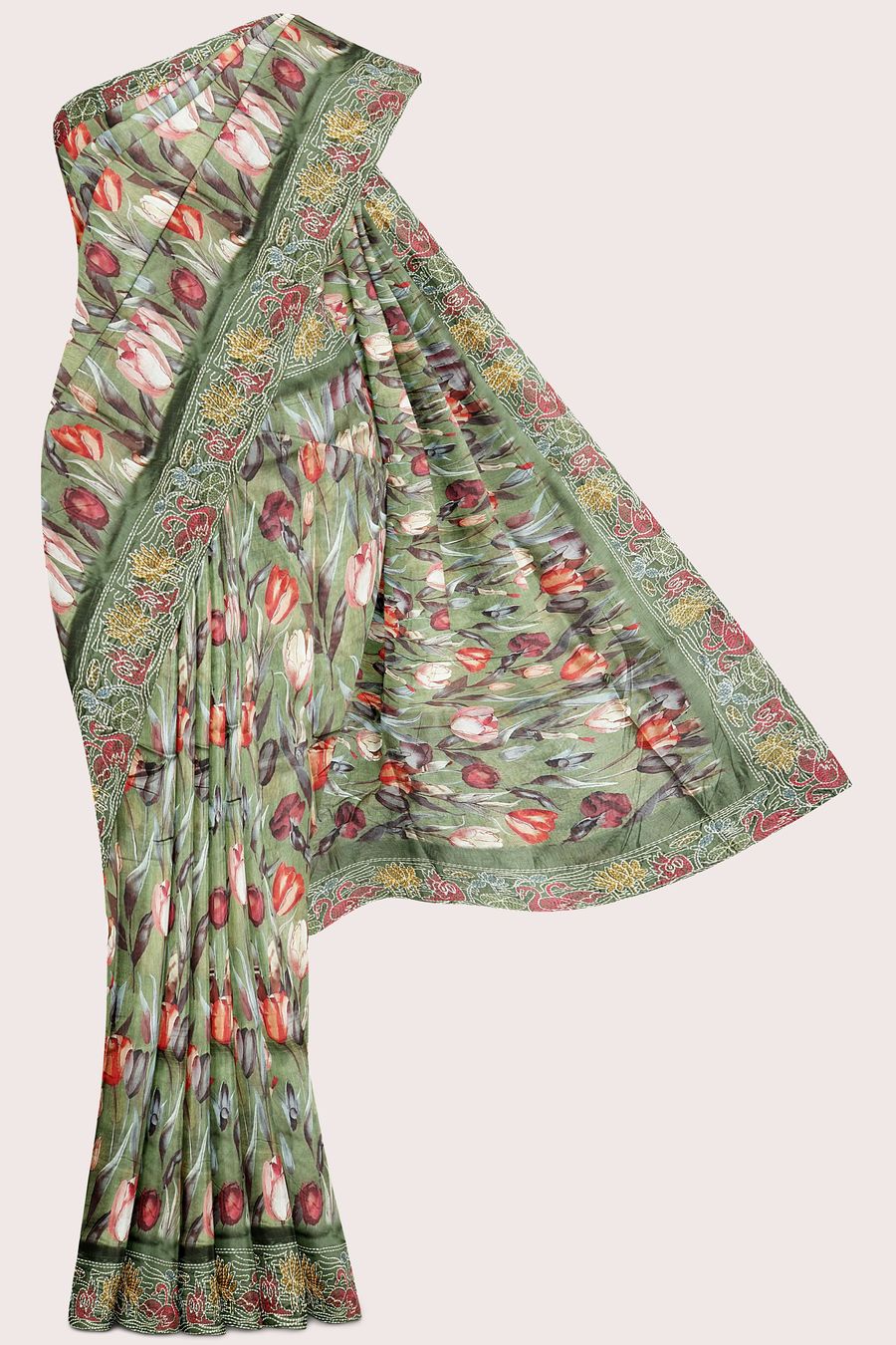 Linen Silk Matte Work Floral Digital Print Green Saree