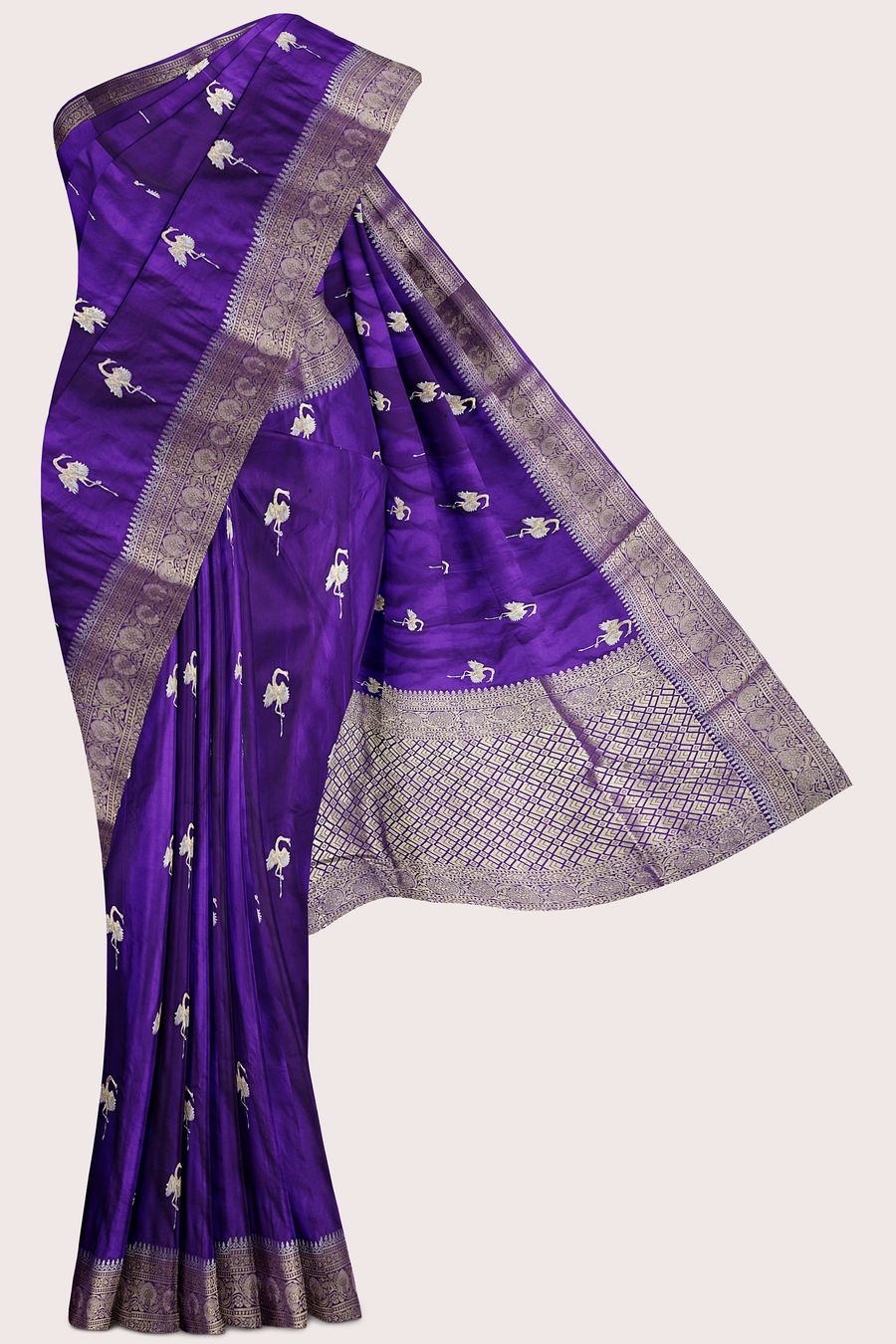 Satin Crepe Silver And Gold Zari Butti Purple Saree