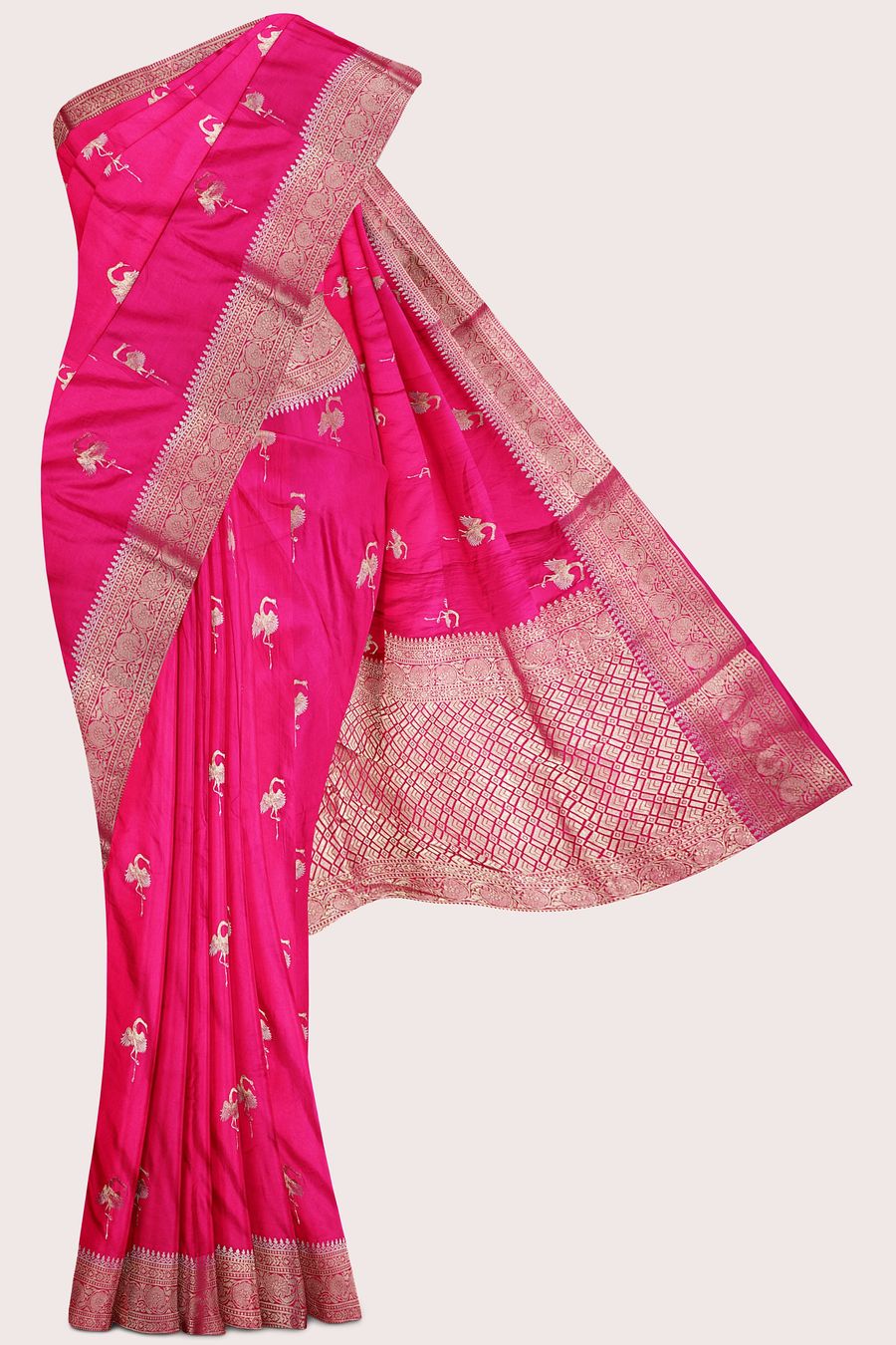 Satin Crepe Silver And Gold Zari Butti Dark Pink Saree