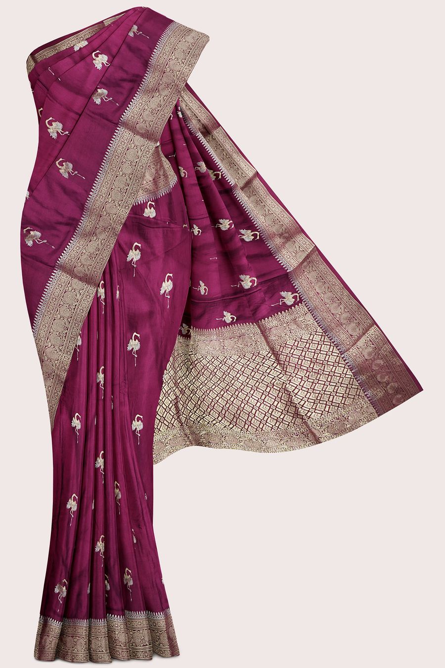 Satin Crepe Silver And Gold Zari Butti Dark Wine Saree