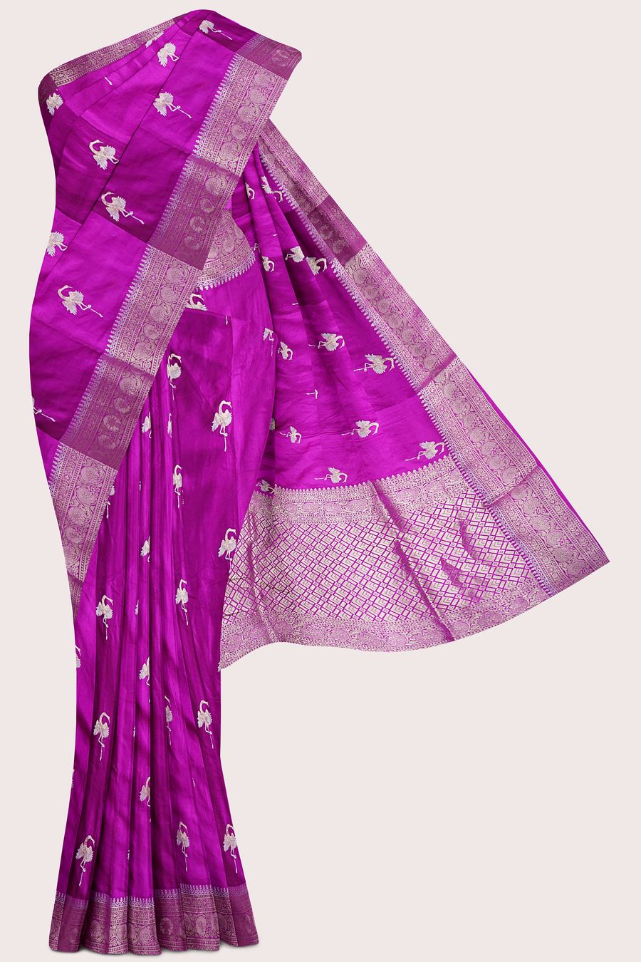 Satin Crepe Silver And Gold Zari Butti Magenta Pink Saree