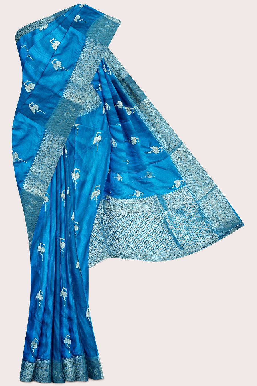 Satin Crepe Silver And Gold Zari Butti Coppersulphate Blue Saree