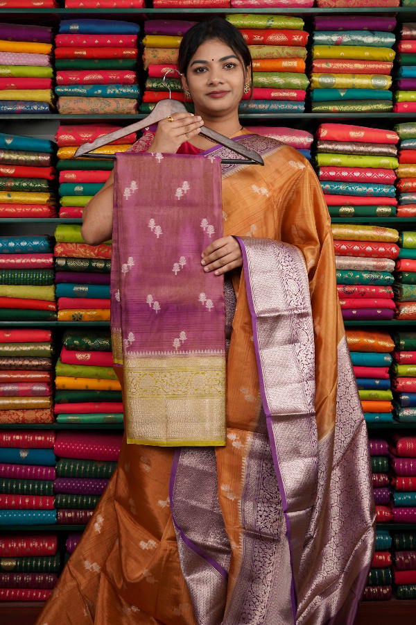 Soft Tissue Flower Butti With Zari Border Dark Lavendar And Leaf Green Saree