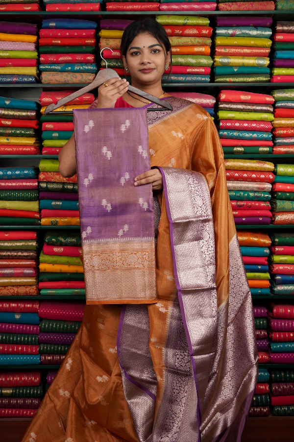 Soft Tissue Flower Butti With Zari Border Dark Lavendar And Orange Saree