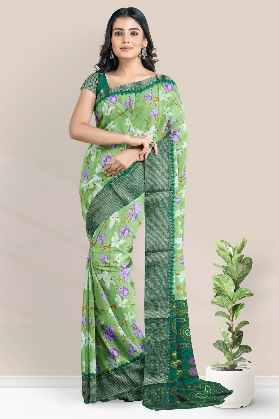 Soft Crushed Silk Digital Print Parrot Green With Dark Green Saree
