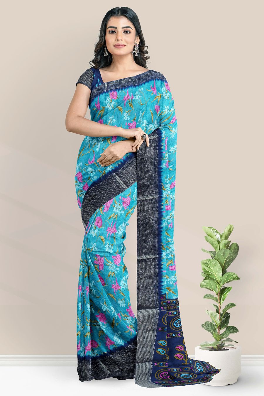 Soft Crushed Silk Digital Print Light Blue With Dark Navy Blue Saree