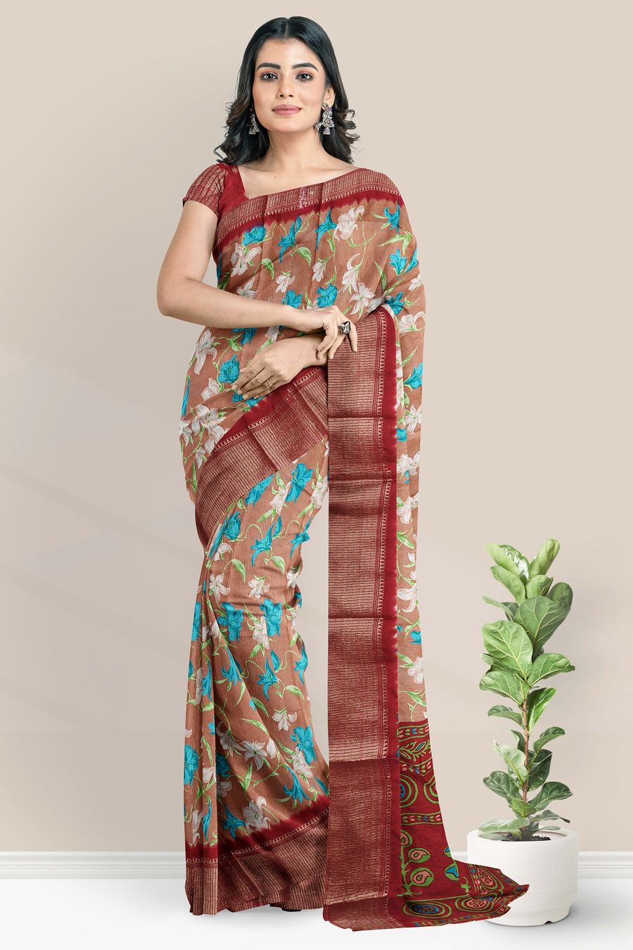 Soft Crushed Silk Digital Print Brick Red With Maroon Saree