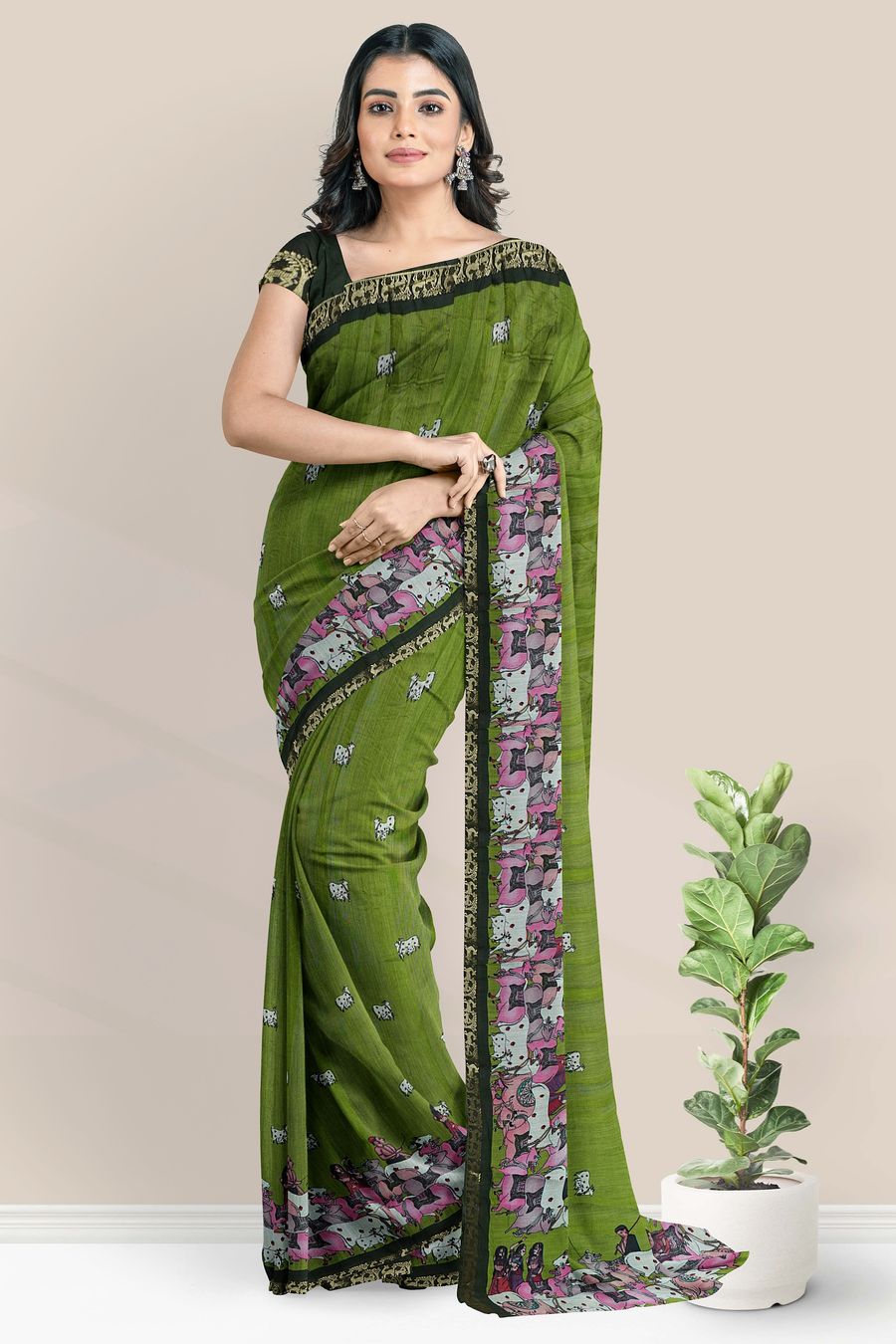 Cotton And Silk Brundavanam Print Mehandi Green With Dark Green Saree