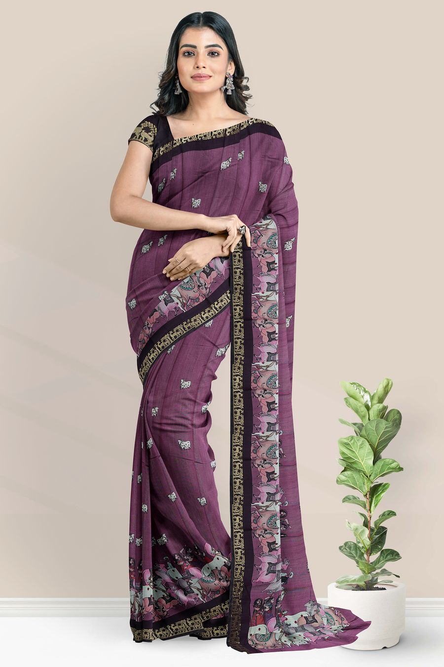 Cotton And Silk Brundavanam Print Magenta Pink With Wine Saree