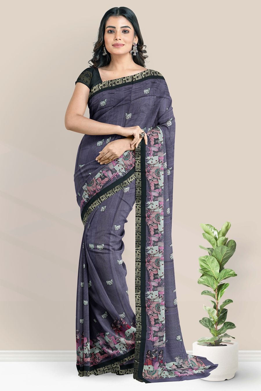 Cotton And Silk Brundavanam Print Grayish Blue With Black Saree