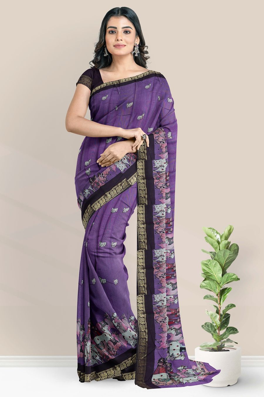 Cotton And Silk Brundavanam Print Dark Lavender With Purple Saree