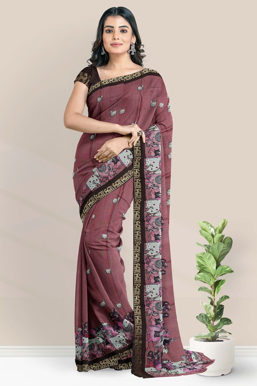 Cotton And Silk Brundavanam Print Light And Dark Maroon Saree