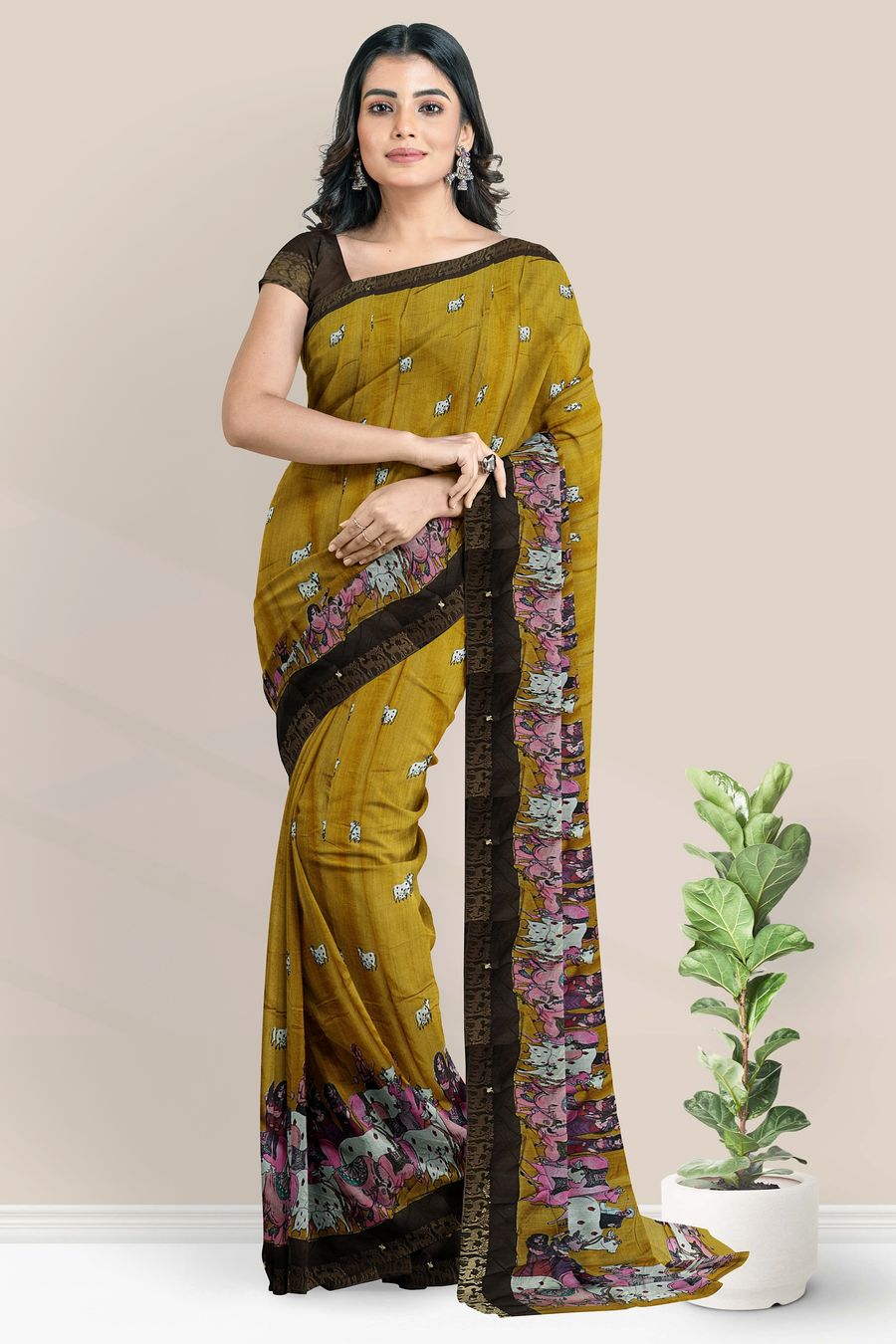 Cotton And Silk Brundavanam Print Mustard Yellow With Brown Saree
