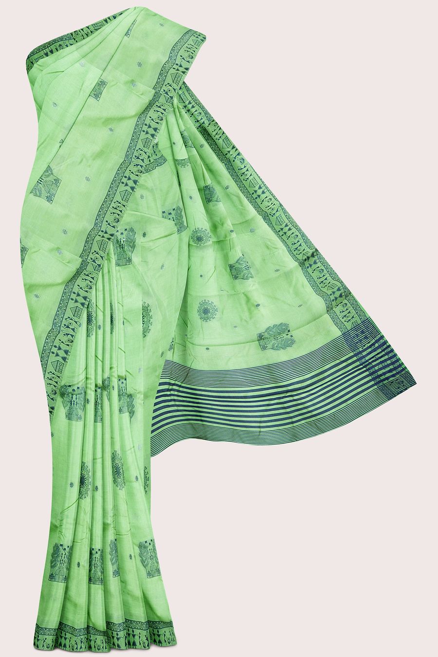 Moonga Tussar Silk Trible Design Embroidery Work Pista Green Saree