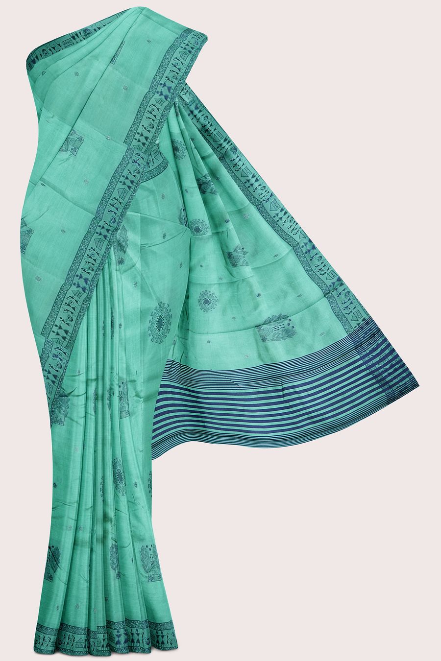 Moonga Tussar Silk Trible Design Embroidery Work Teal Green Saree