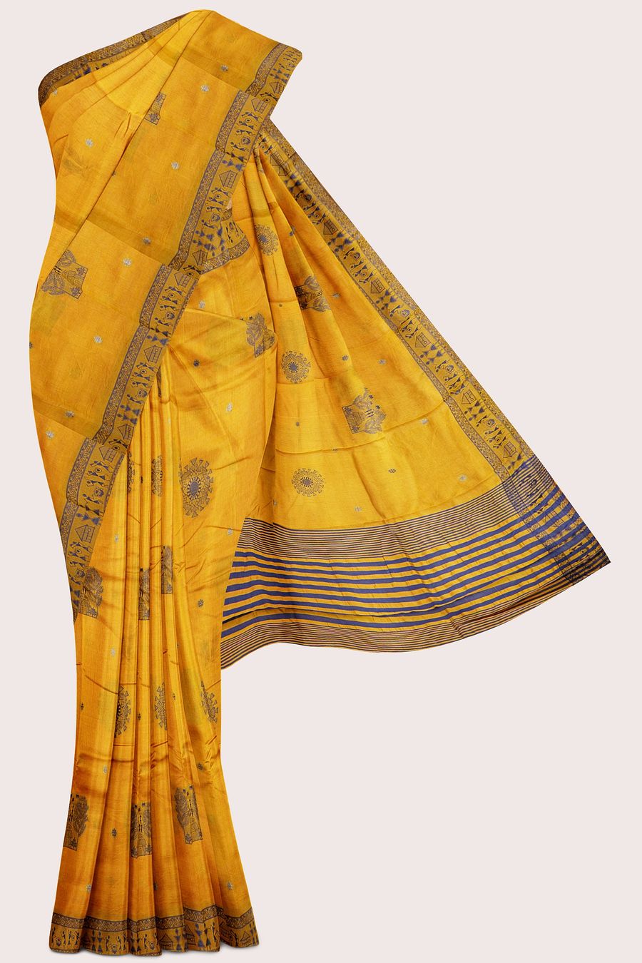 Moonga Tussar Silk Trible Design Embroidery Work Mustard Yellow Saree