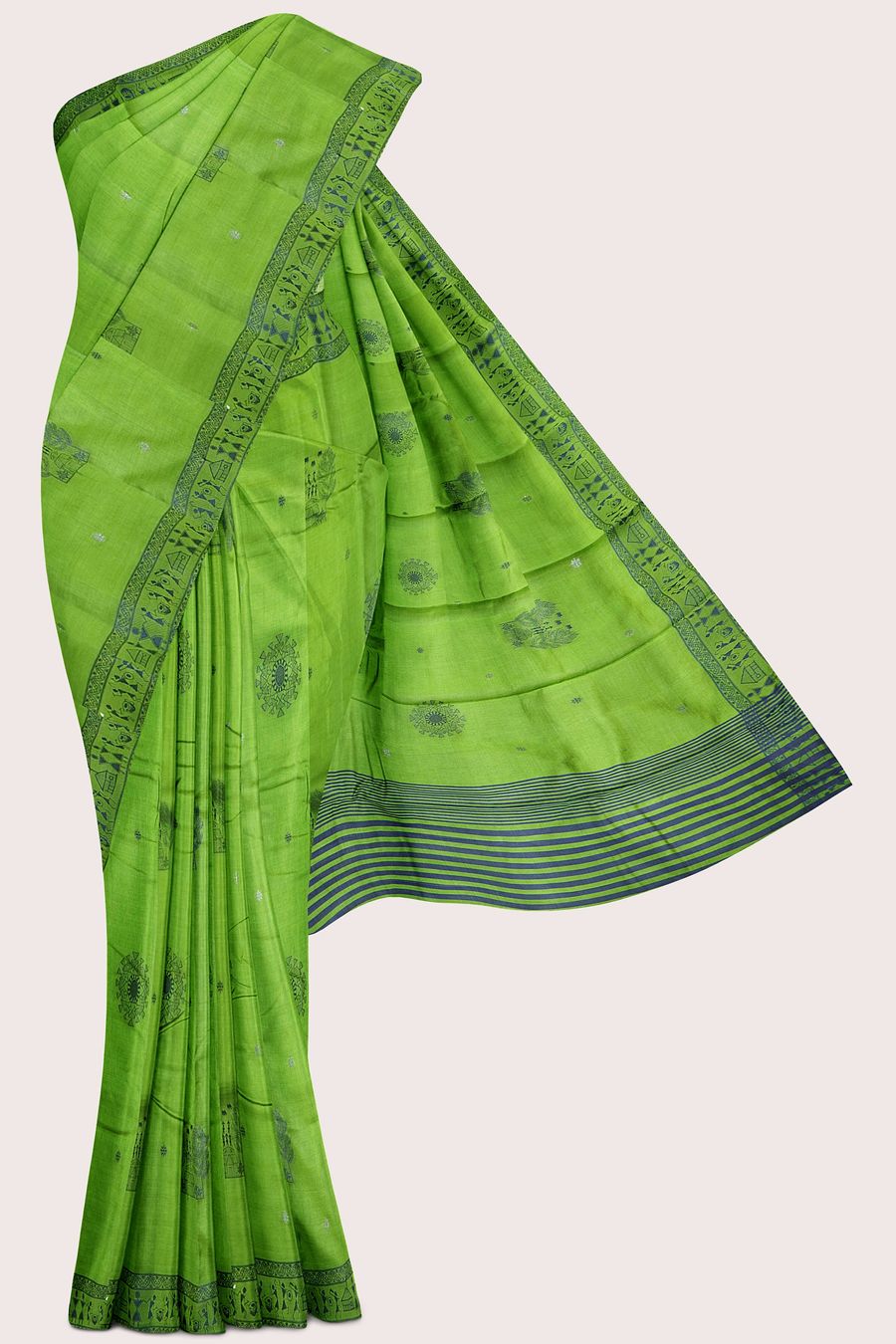 Moonga Tussar Silk Trible Design Embroidery Work Mehandi Green Saree