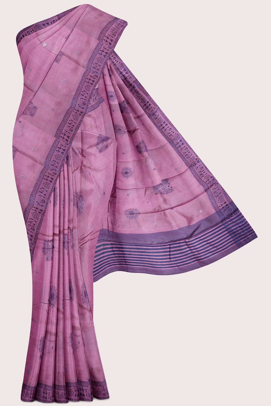 Moonga Tussar Silk Trible Design Embroidery Work Magenta Pink Saree