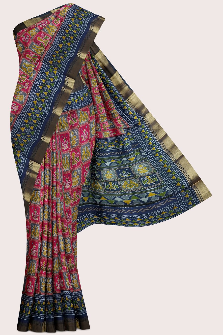 Soft Ikkath Silk Ikkath Design Pink With Dark Navy Blue Saree