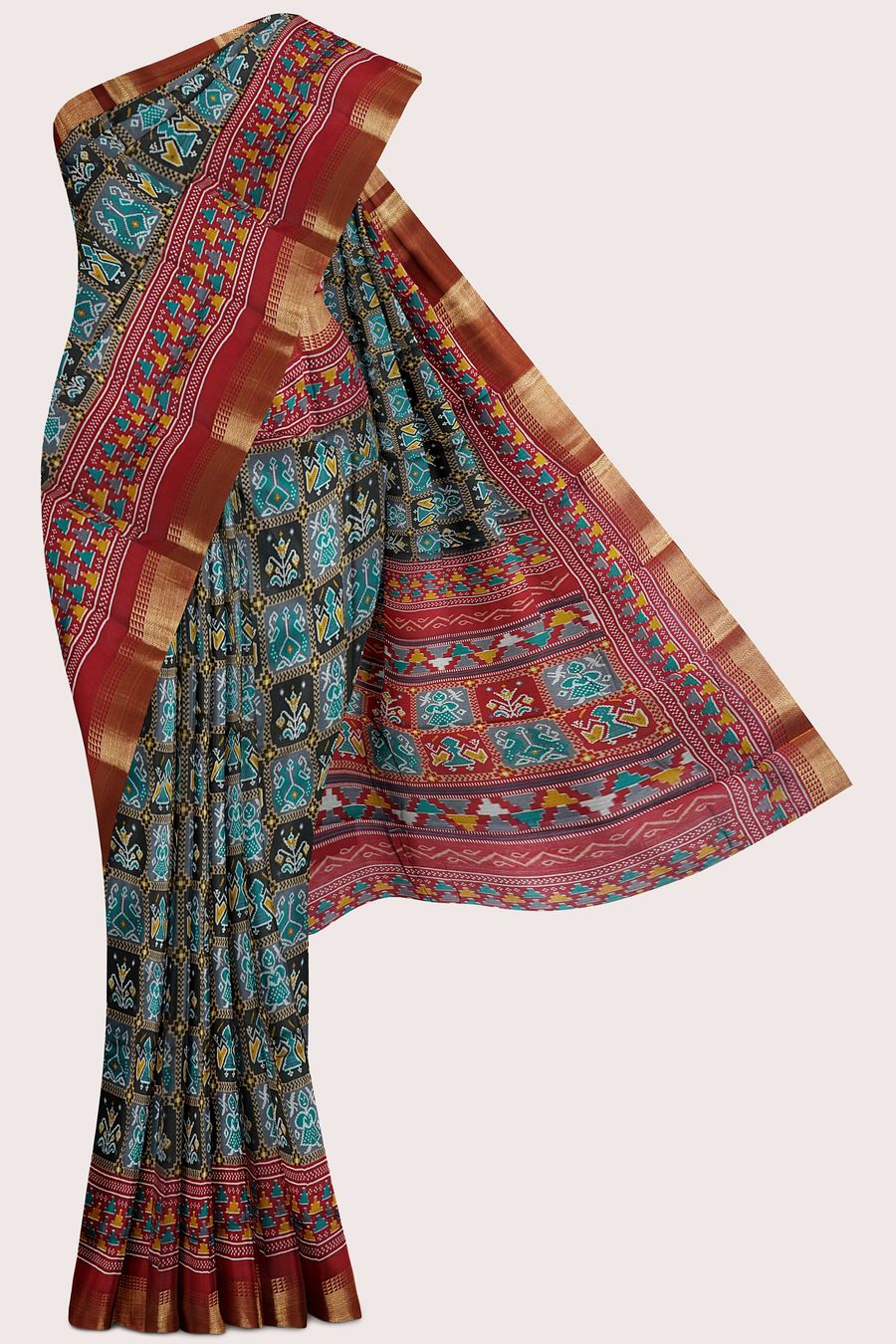 Soft Ikkath Silk Ikkath Design Ash With Maroon Saree