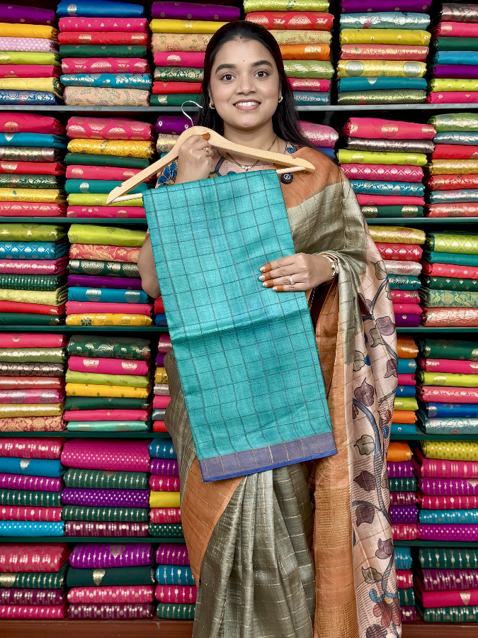 Pure Tussur Self Checks With Kalamkari Blouse Rama Green With Royal Blue Saree