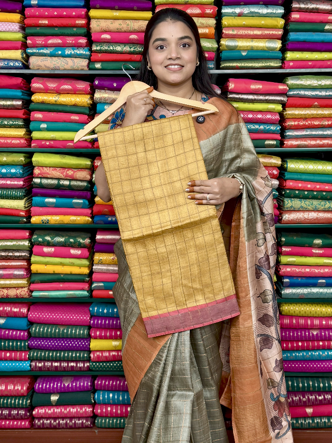 Pure Tussur Self Checks With Kalamkari Blouse Musturd Yellow With Pink Saree
