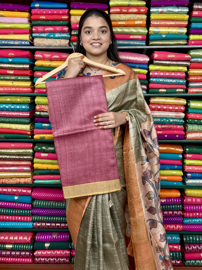 Pure Tussur Self Checks With Kalamkari Blouse Matt Pink With Yellow Saree
