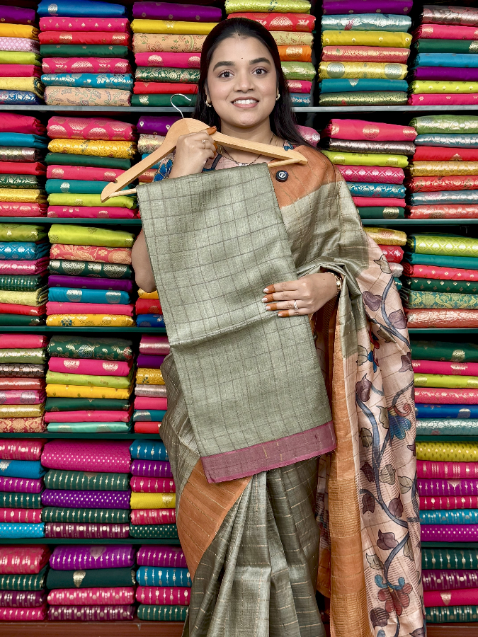 Pure Tussur Self Checks With Kalamkari Blouse Snuff With Wine Saree