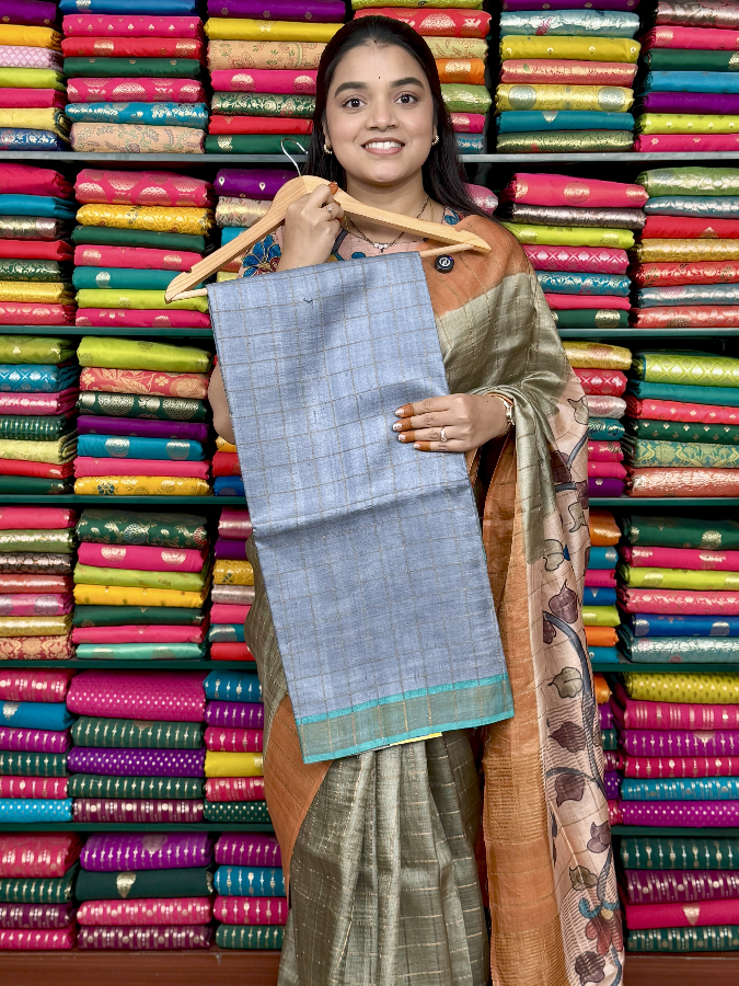 Pure Tussur Self Checks With Kalamkari Blouse Bluyish Gray With Rama Green Saree