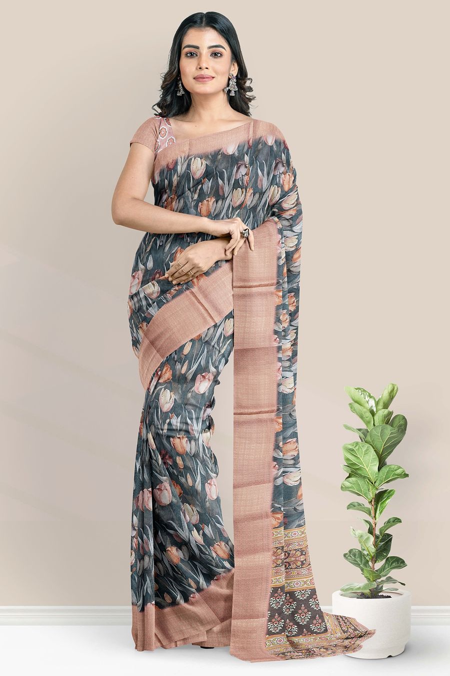 Soft Organza Silk Floral Digital Print Grayish Black With Brick Red Saree