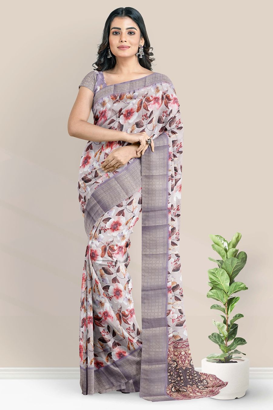 Soft Organza Silk Floral Digital Print Onion Pink With Lavender Saree