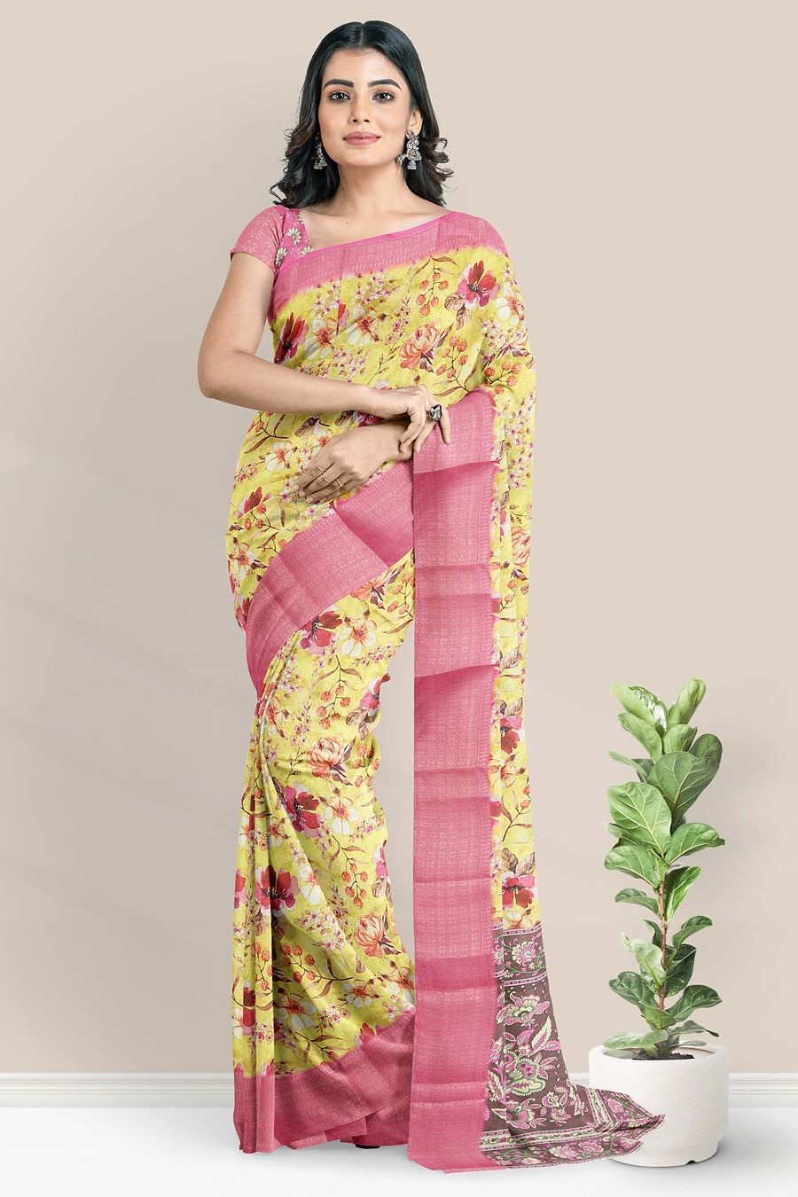 Soft Organza Silk Floral Digital Print Yellow With Pink Saree