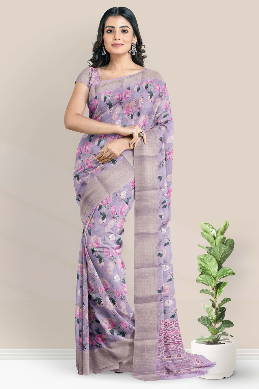Soft Organza Silk Floral Digital Print Dark Lavender Saree