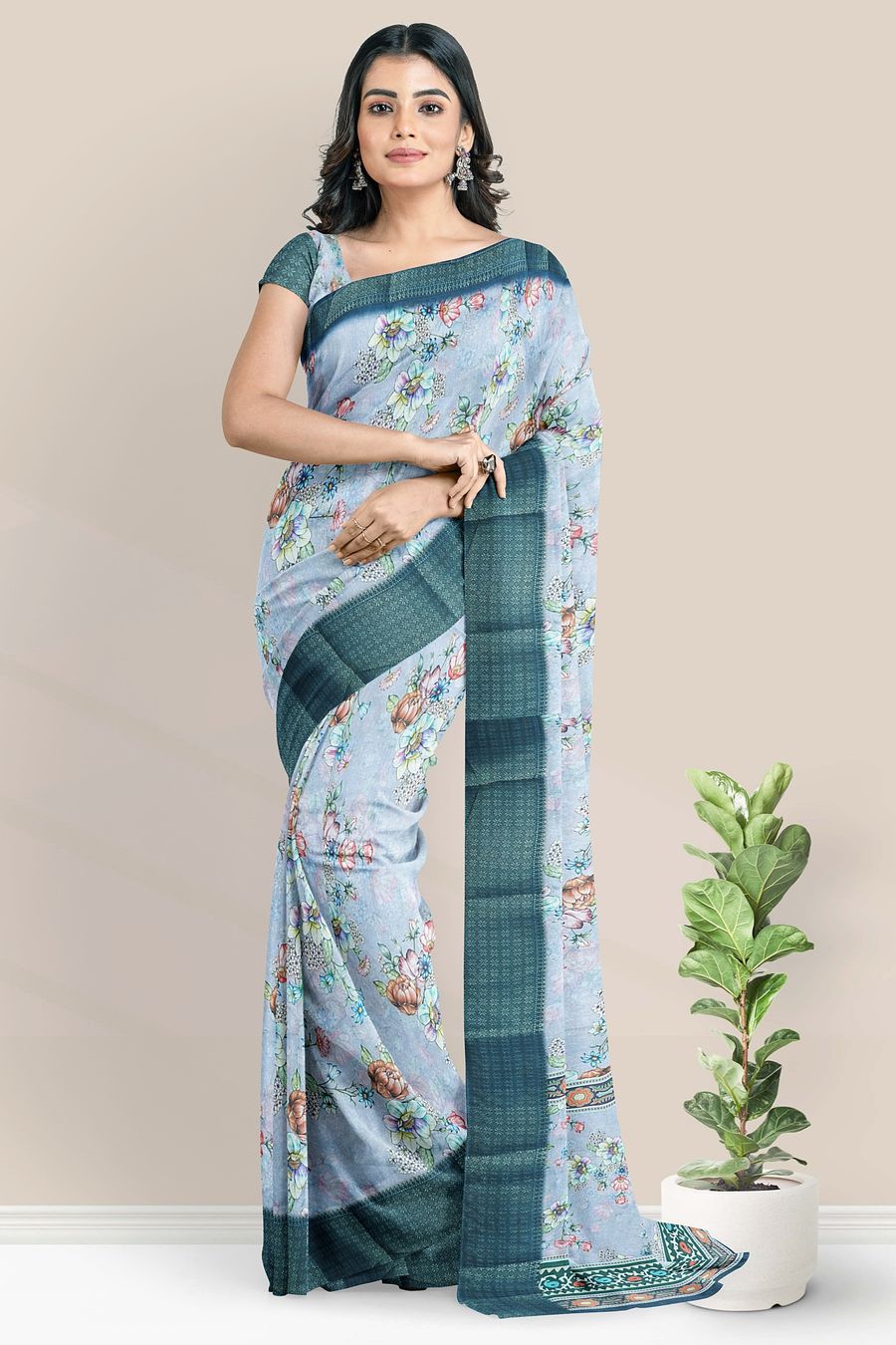 Soft Organza Silk Floral Digital Print Light Blue With Peacock Blue Saree