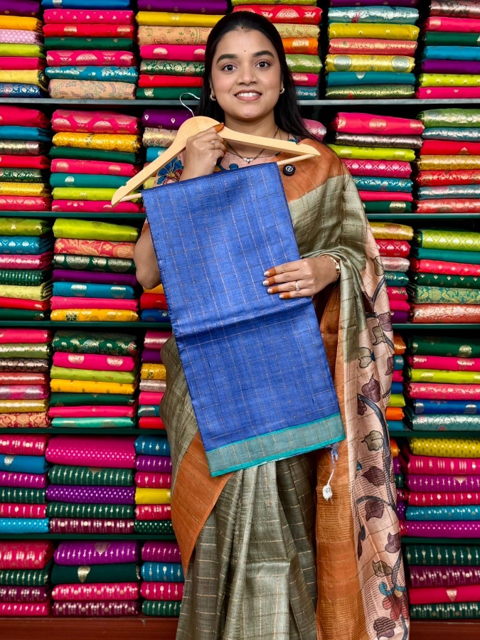 Pure Tussur Self Checks With Kalamkari Blouse Blue With Sea Green Saree