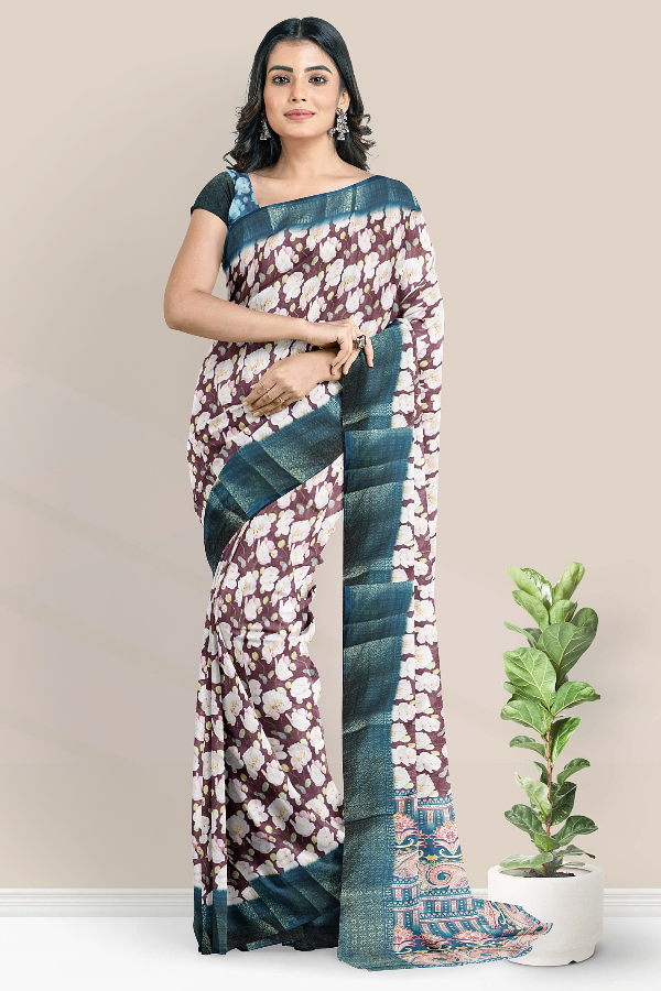 Soft Organza Silk Floral Digital Print Dark Wine With Peacock Blue Saree
