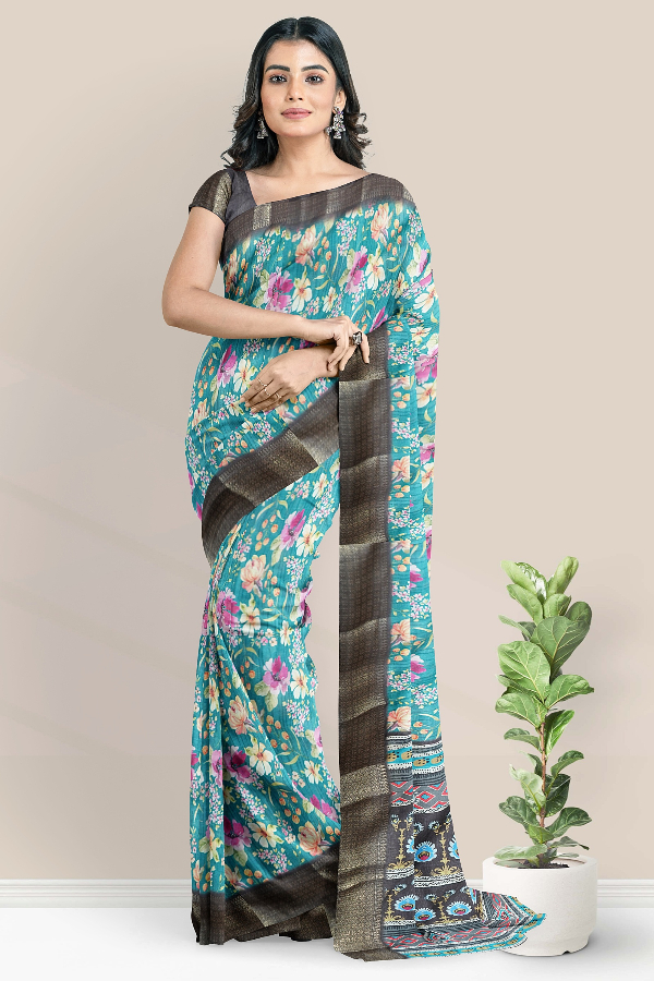 Soft Organza Silk Floral Digital Print Rama Green With Chocolate Brown Saree