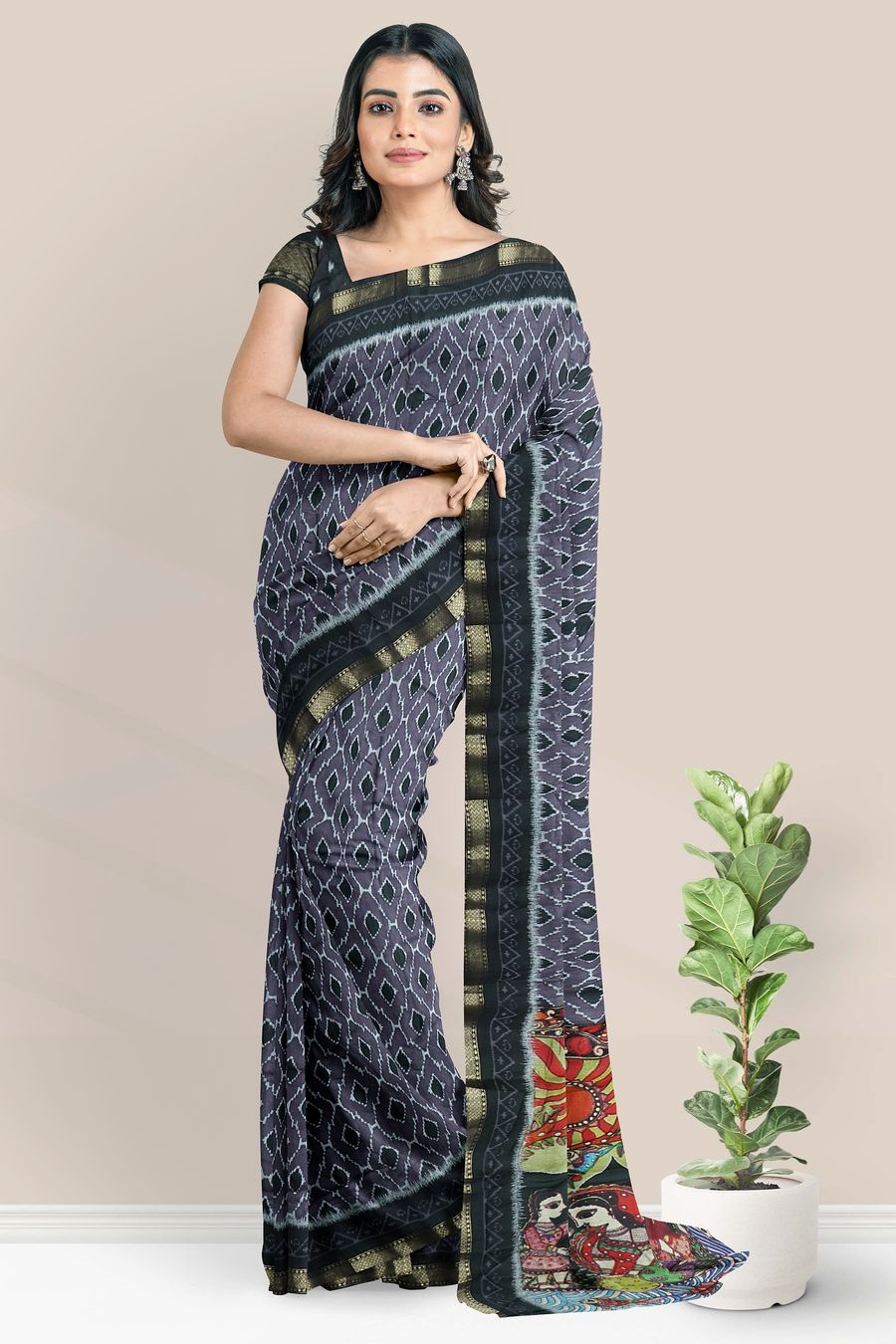 Soft Mangalagiri Silk Ikkath Print Dark Purple With Black Saree