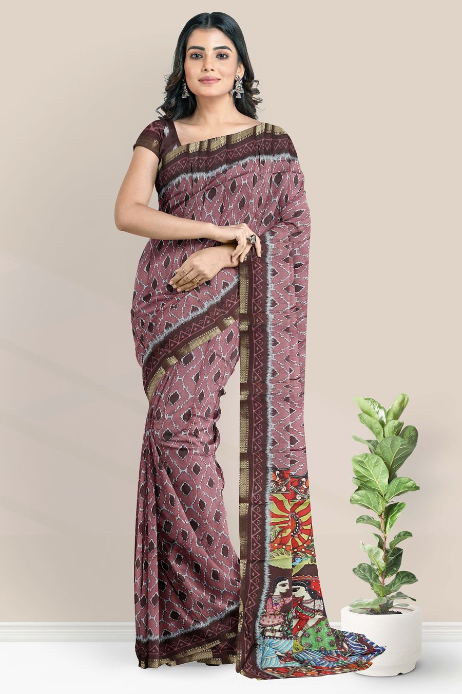 Soft Mangalagiri Silk Ikkath Print Onion Pink With Maroon Saree