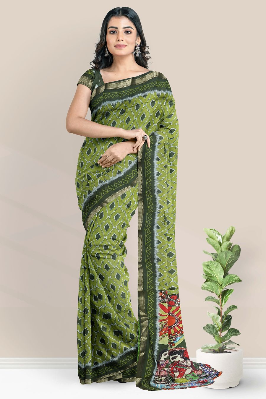 Soft Mangalagiri Silk Ikkath Print Mehandi Green With Dark Green Saree