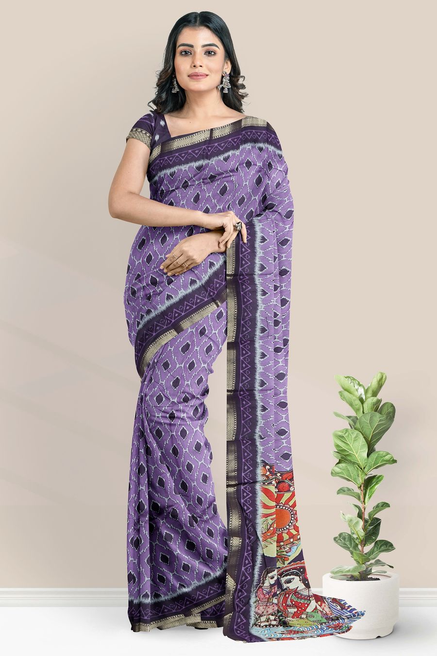 Soft Mangalagiri Silk Ikkath Print Lavender With Purple Saree